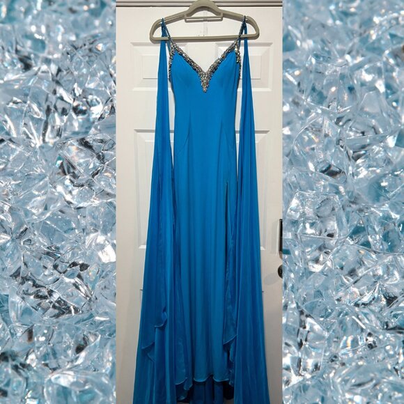 Size 0 Teal Jovani 08022 with Chiffon Cape/Wings Pageant/Prom - Picture 2 of 6